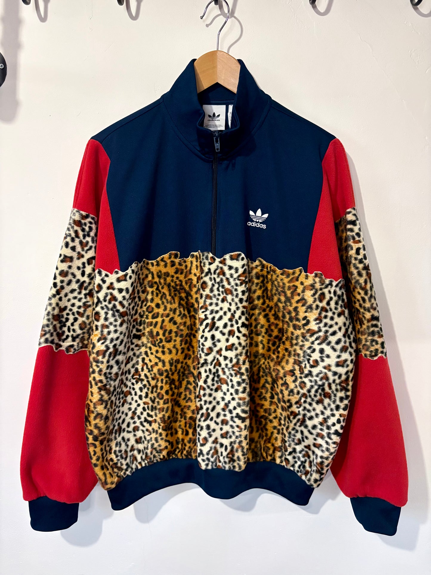 Vintage Y2K Adidas cheetah leopard short fur patchwork 1/4 zip track jacket sweatshirt.