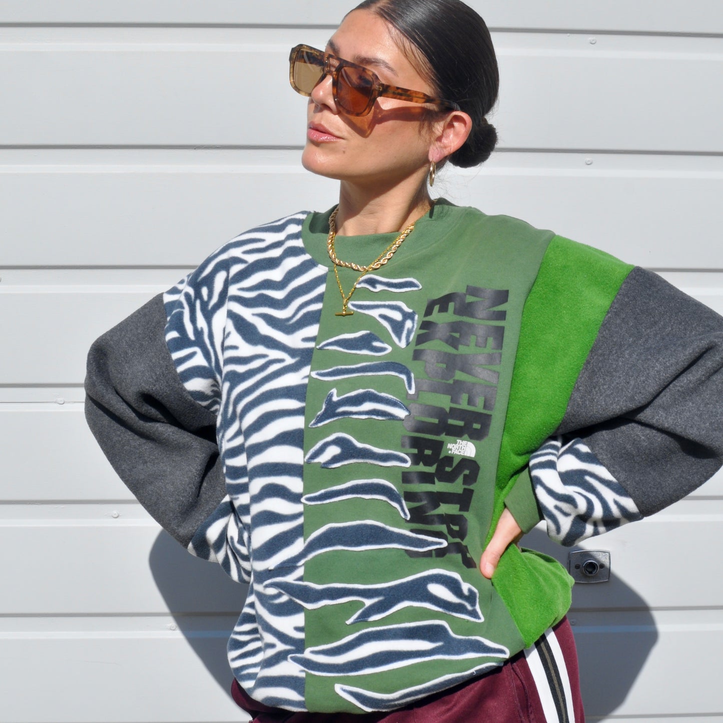 North Face zebra stripe fleece sweatshirt