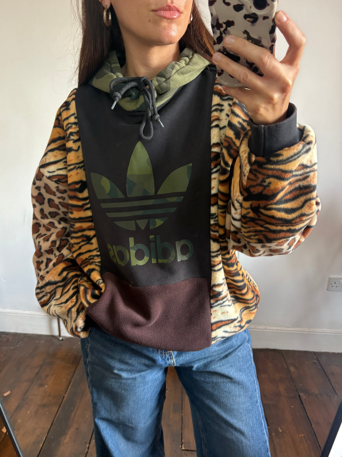 Y2K black adidas camouflage logo tiger and leopard fleece patchwork hoodie sweatshirt.