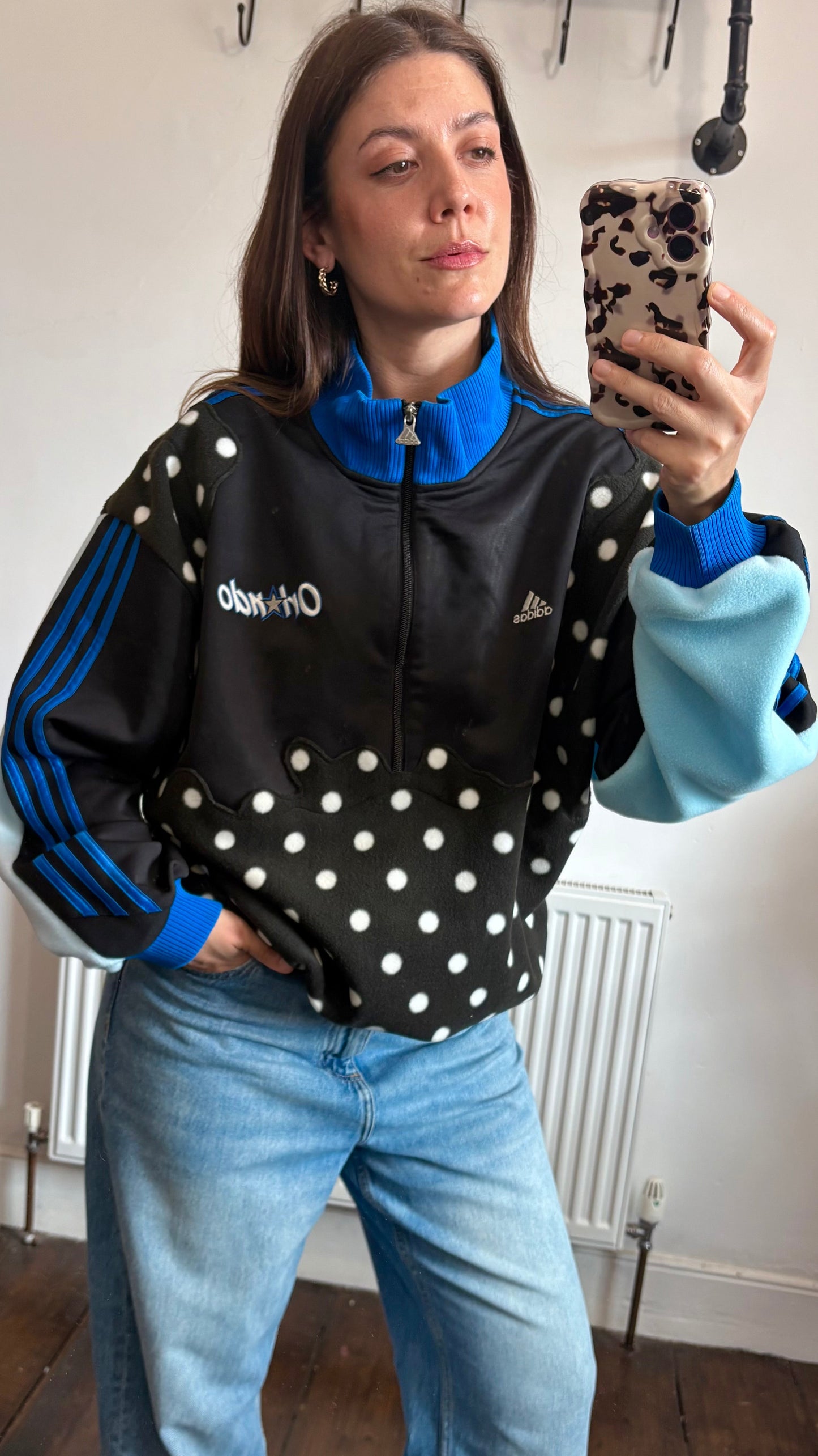 Vintage Y2K Adidas Orlando Magic NBA polka dot fleece patchwork 1/2 zip track jacket sweatshirt.