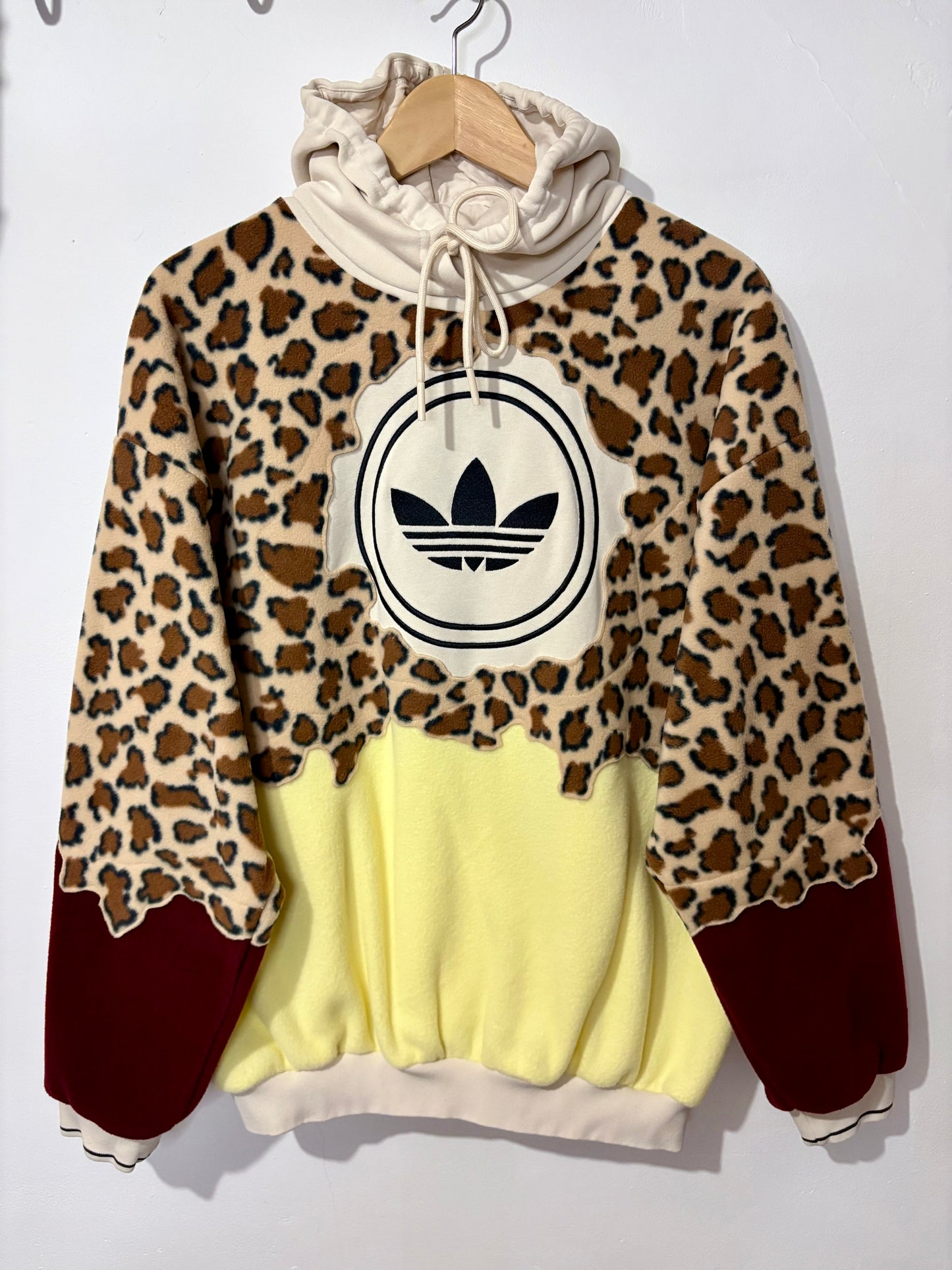 Y2K adidas leopard print, butter yellow, burgundy patchwork fleece hoodie sweatshirt.