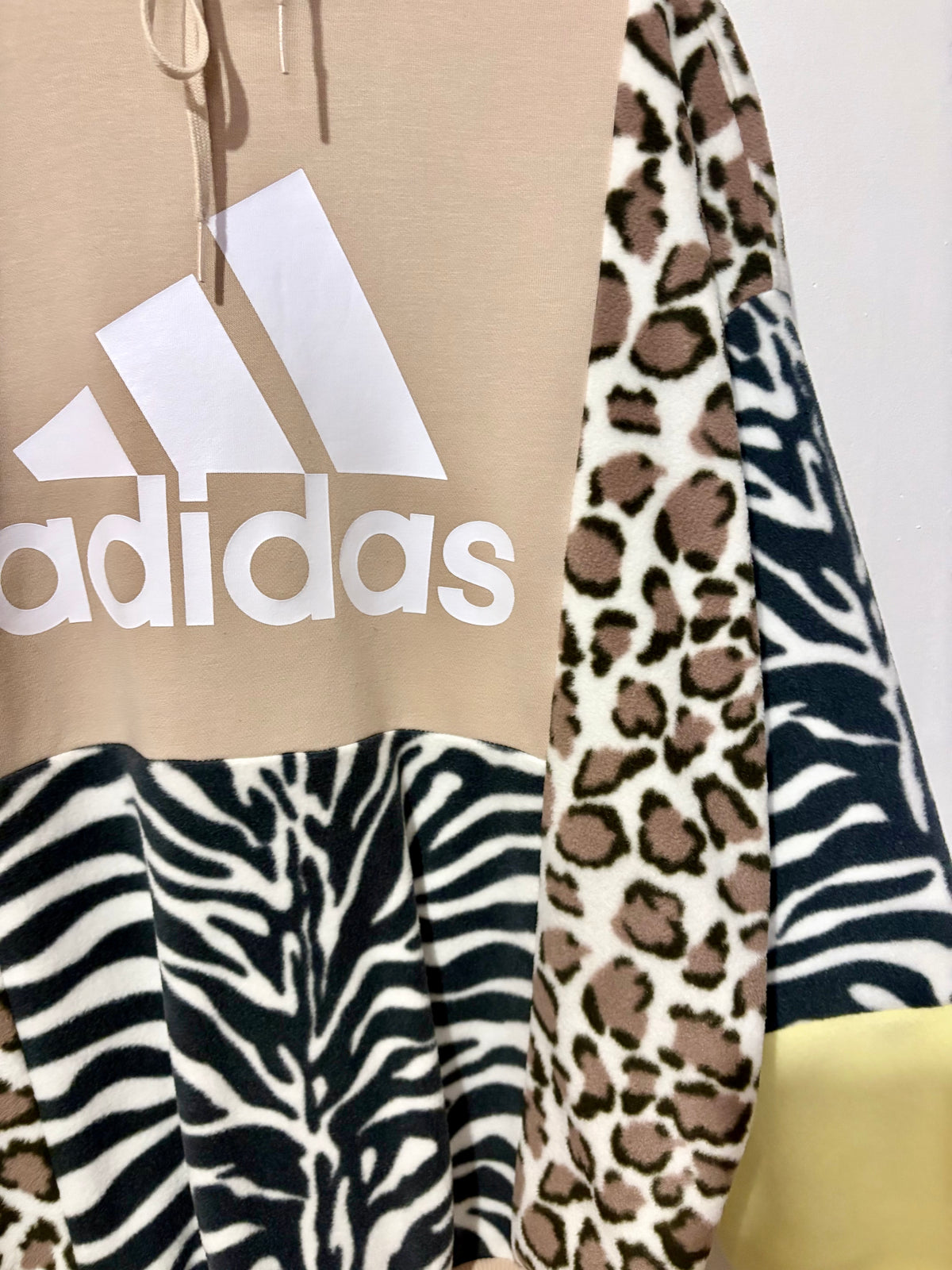 Y2K cream adidas zebra, leopard and butter yellow fleece patchwork hoodie sweatshirt.