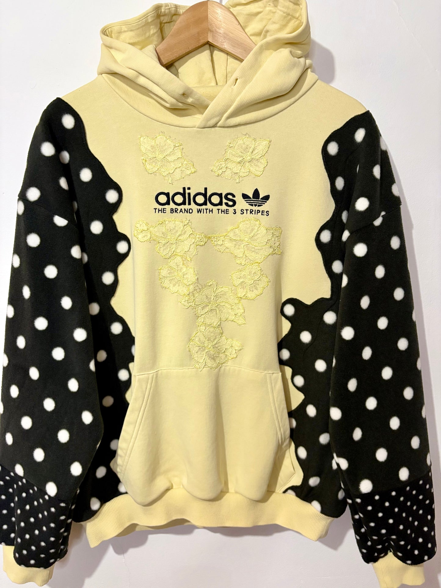 Y2K butter yellow adidas lace and polka dot patchwork hoodie sweatshirt.
