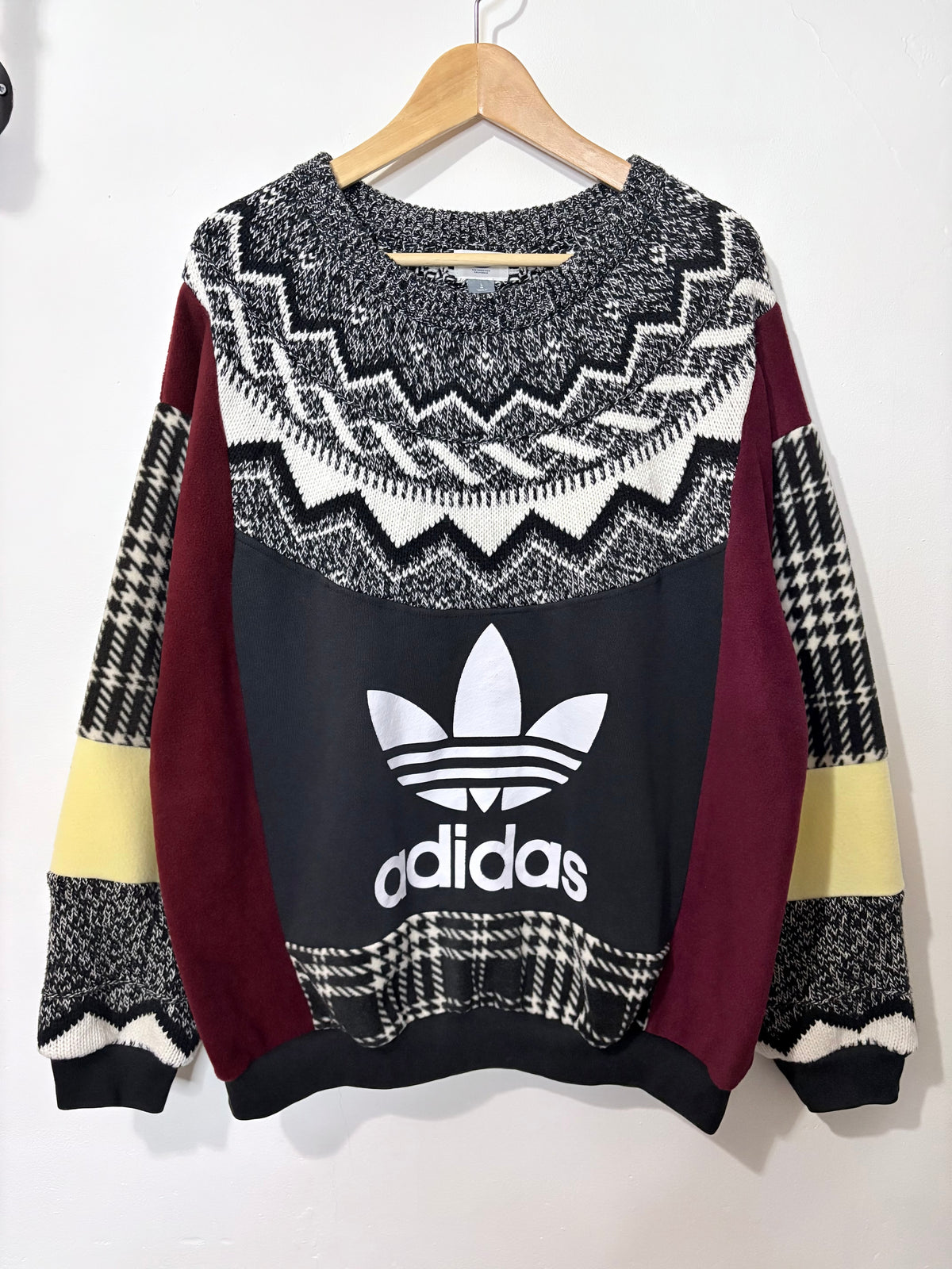 Vintage adidas logo Fair Isle pattern knit burgundy, butter yellow patchwork sweatshirt.
