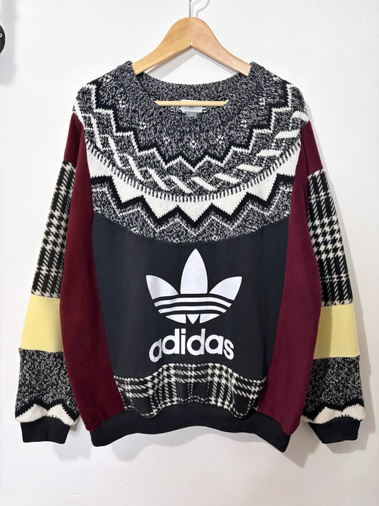 Vintage adidas logo Fair Isle pattern knit burgundy, butter yellow patchwork sweatshirt.