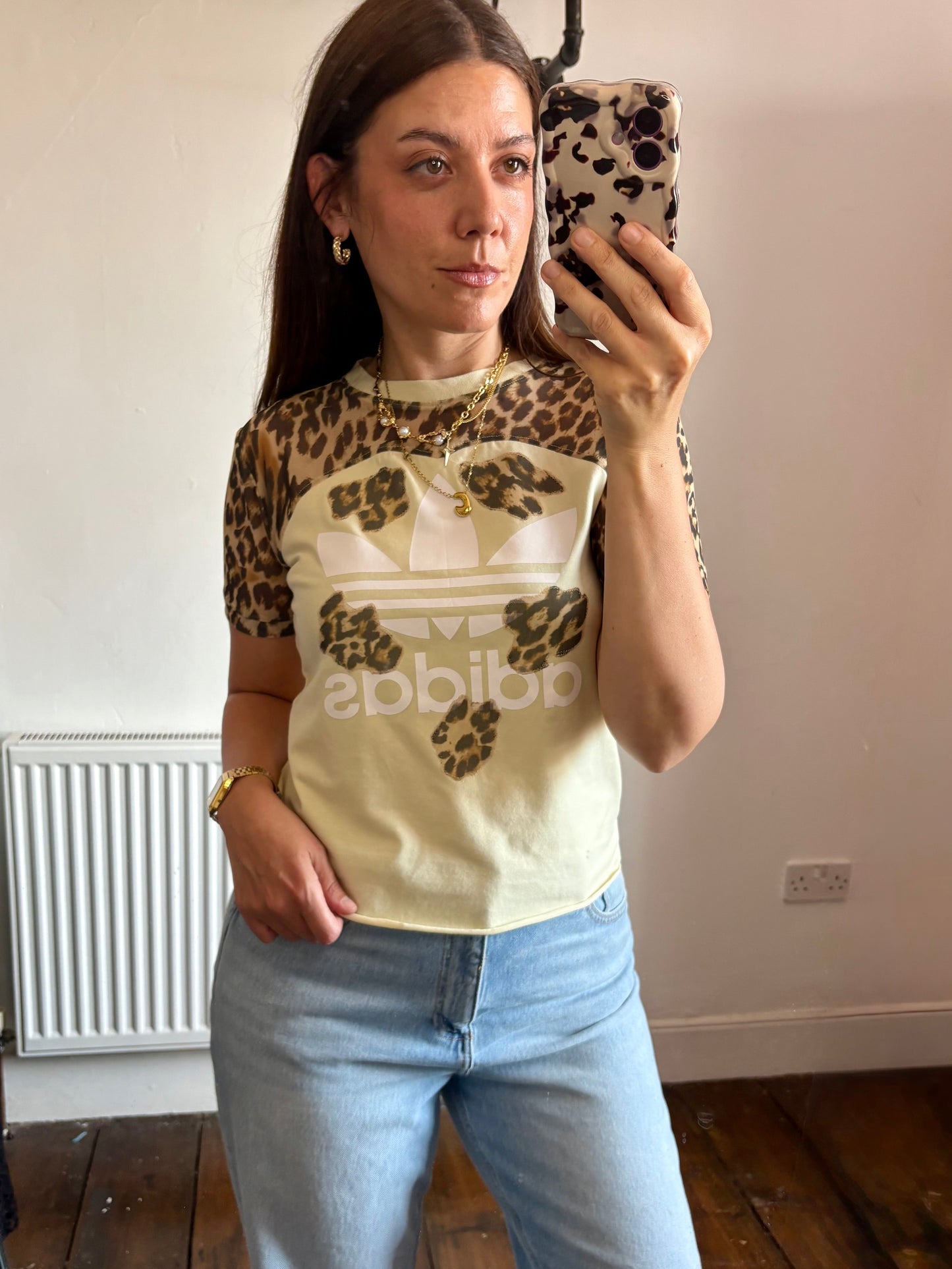 Vintage Y2K butter yellow adidas leopard print sheer mesh patchwork baby tee tshirt.