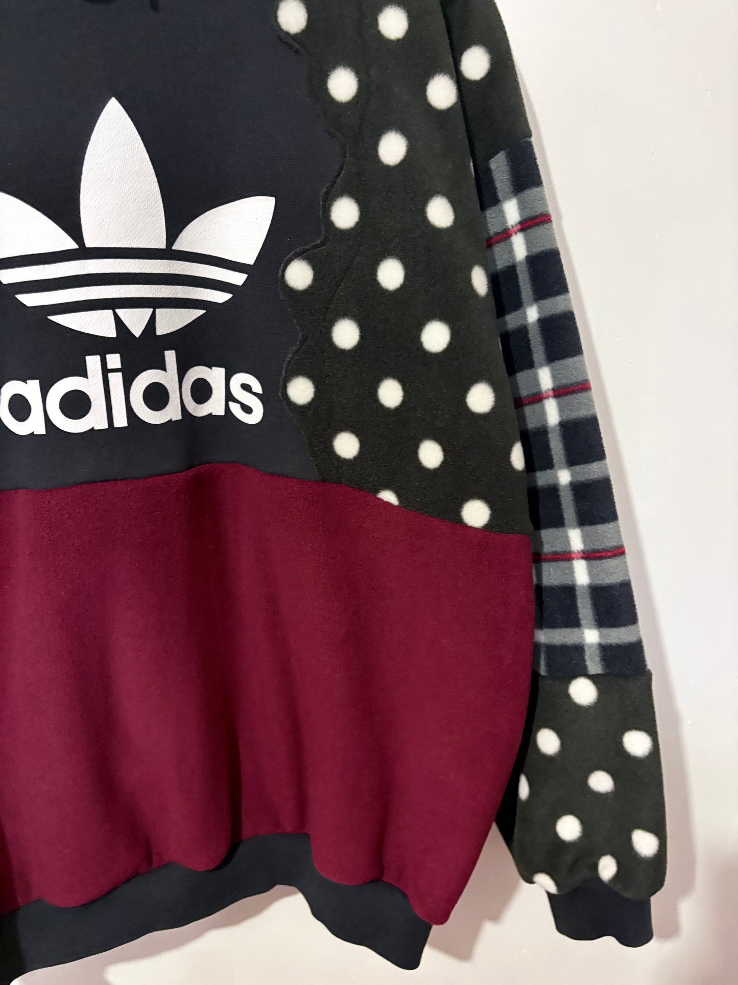 Y2K adidas polka dot, tartan, checked, burgundy fleece patchwork hoodie sweatshirt.