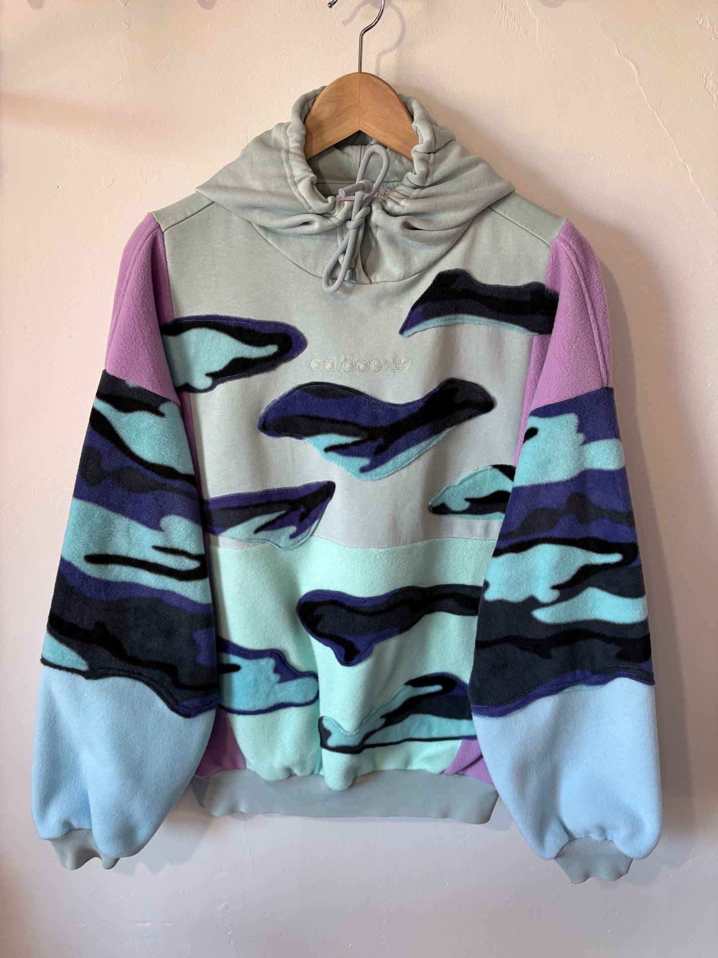 Y2K mint green adidas pastel camouflage patchwork fleece hoodie sweatshirt.