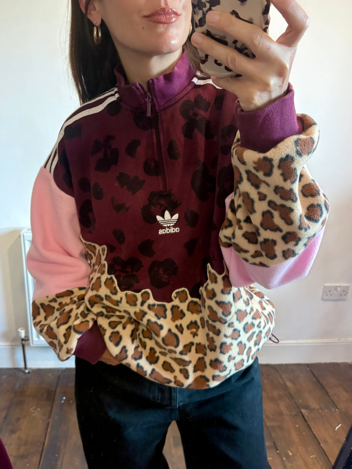 Y2K burgundy adidas logo leopard print and pink fleece patchwork 1/4 zip neck sweatshirt.