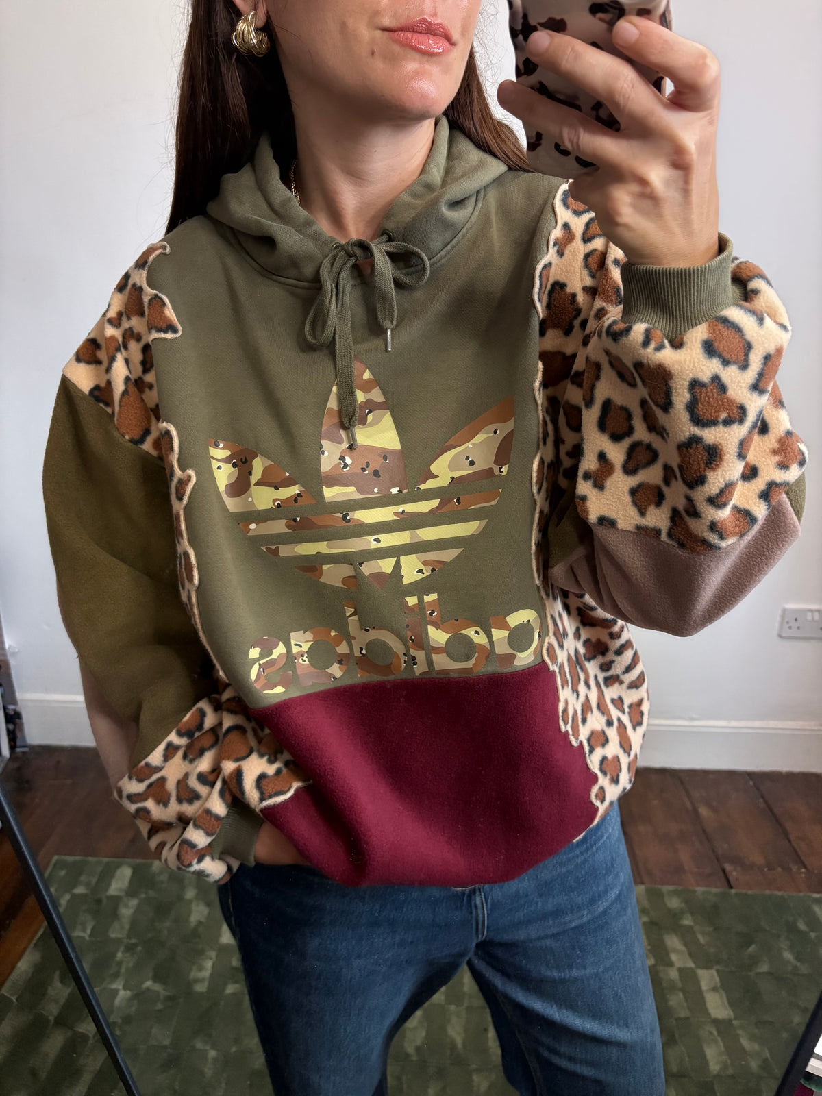 Y2K khaki adidas camouflage logo leopard print and burgundy fleece patchwork hoodie sweatshirt.