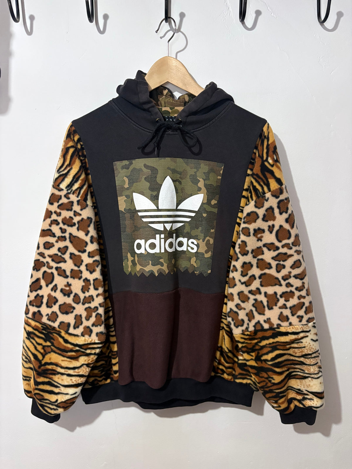 Y2K black adidas camouflage logo tiger and leopard fleece patchwork hoodie sweatshirt.