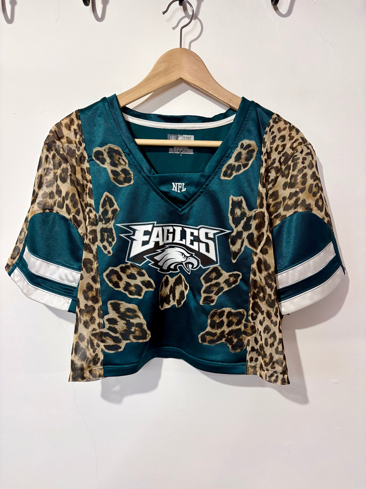 Vintage Y2K NFL Philadelphia Eagles leopard print sheer mesh cropped jersey tshirt.