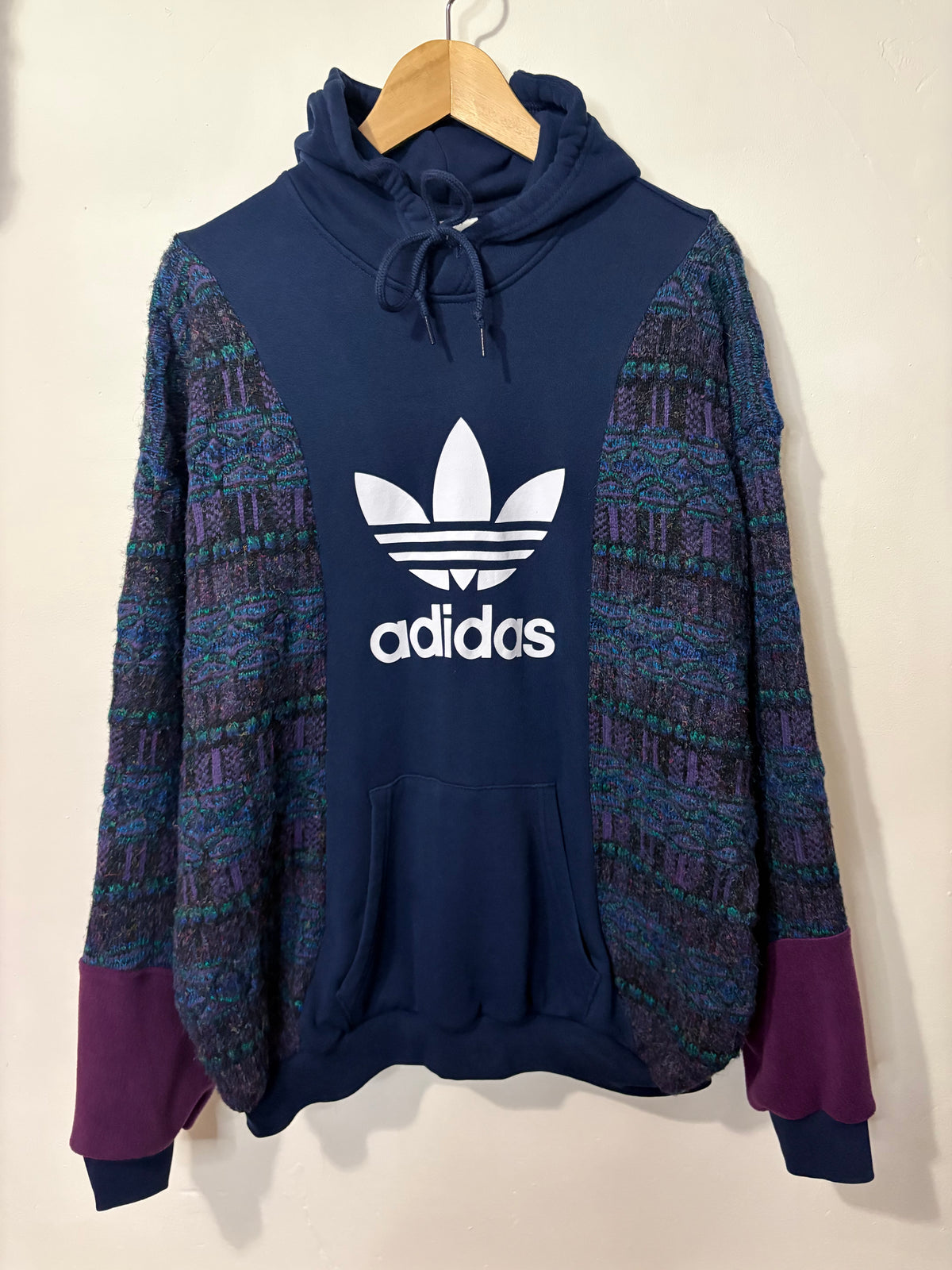 Vintage adidas trefoil logo funky pattern knit patchwork hoodie sweatshirt.