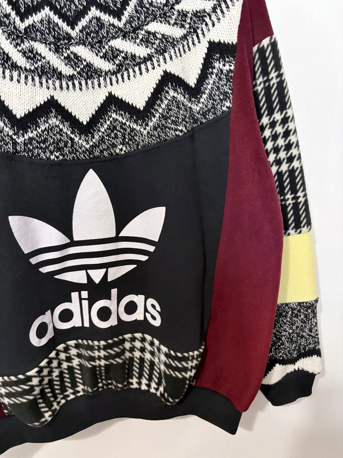 Vintage adidas logo Fair Isle pattern knit burgundy, butter yellow patchwork sweatshirt.
