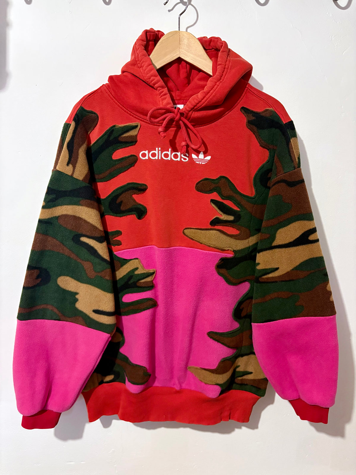 Y2K red adidas camouflage and pink patchwork fleece hoodie sweatshirt.
