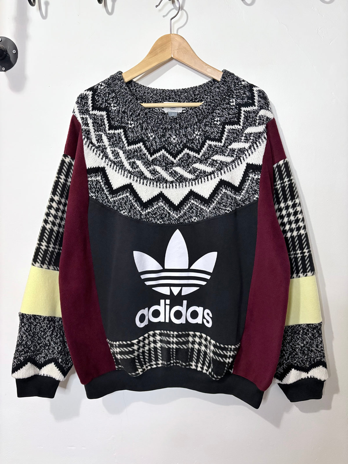Vintage adidas logo Fair Isle pattern knit burgundy, butter yellow patchwork sweatshirt.