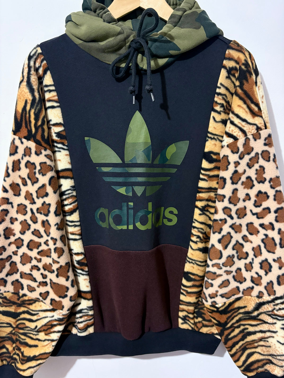 Y2K black adidas camouflage logo tiger and leopard fleece patchwork hoodie sweatshirt.