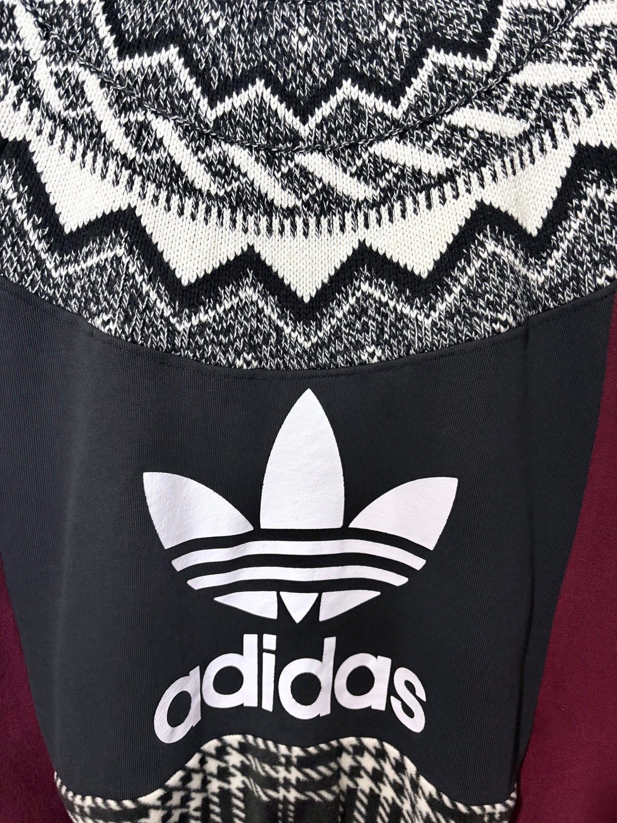 Vintage adidas logo Fair Isle pattern knit burgundy, butter yellow patchwork sweatshirt.