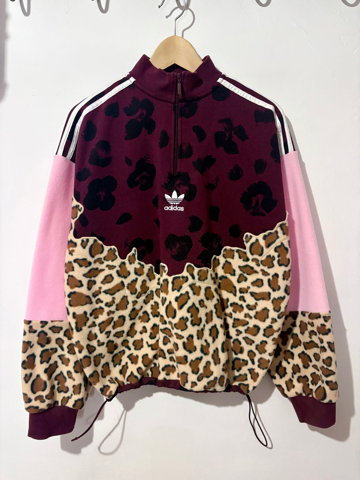 Y2K burgundy adidas logo leopard print and pink fleece patchwork 1/4 zip neck sweatshirt.