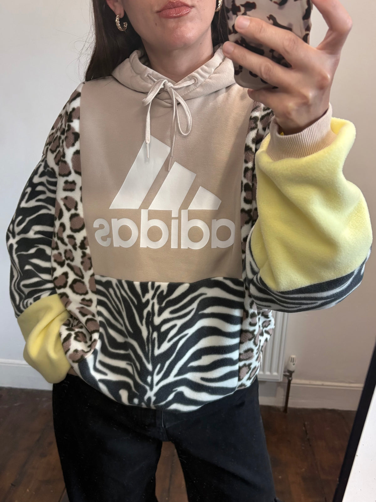 Y2K cream adidas zebra, leopard and butter yellow fleece patchwork hoodie sweatshirt.