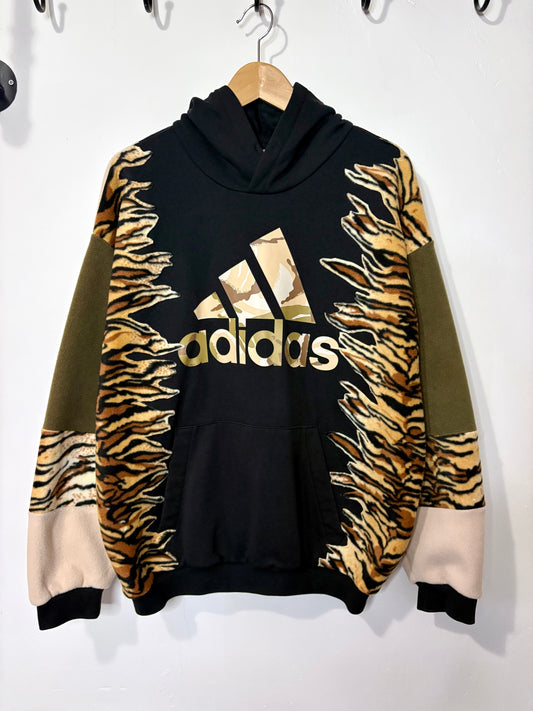 Y2K black adidas camouflage logo tiger stripe, khaki and beige fleece patchwork hoodie sweatshirt.