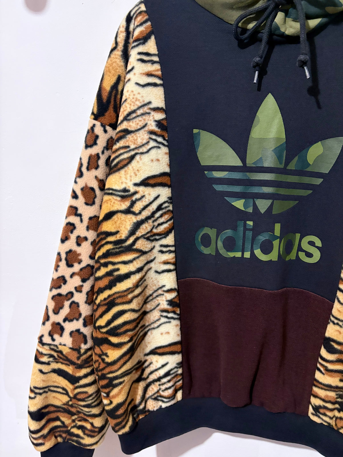Y2K black adidas camouflage logo tiger and leopard fleece patchwork hoodie sweatshirt.