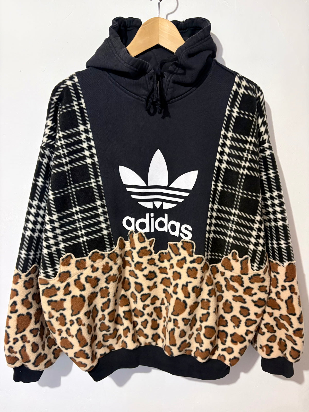 Y2K black adidas logo checked tartan and leopard print hoodie sweatshirt.