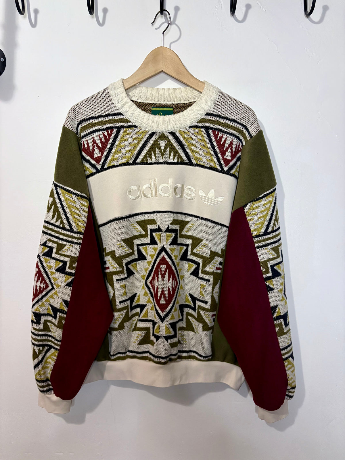 Vintage cream adidas logo funky pattern knit patchwork burgundy, khaki fleece sweatshirt.
