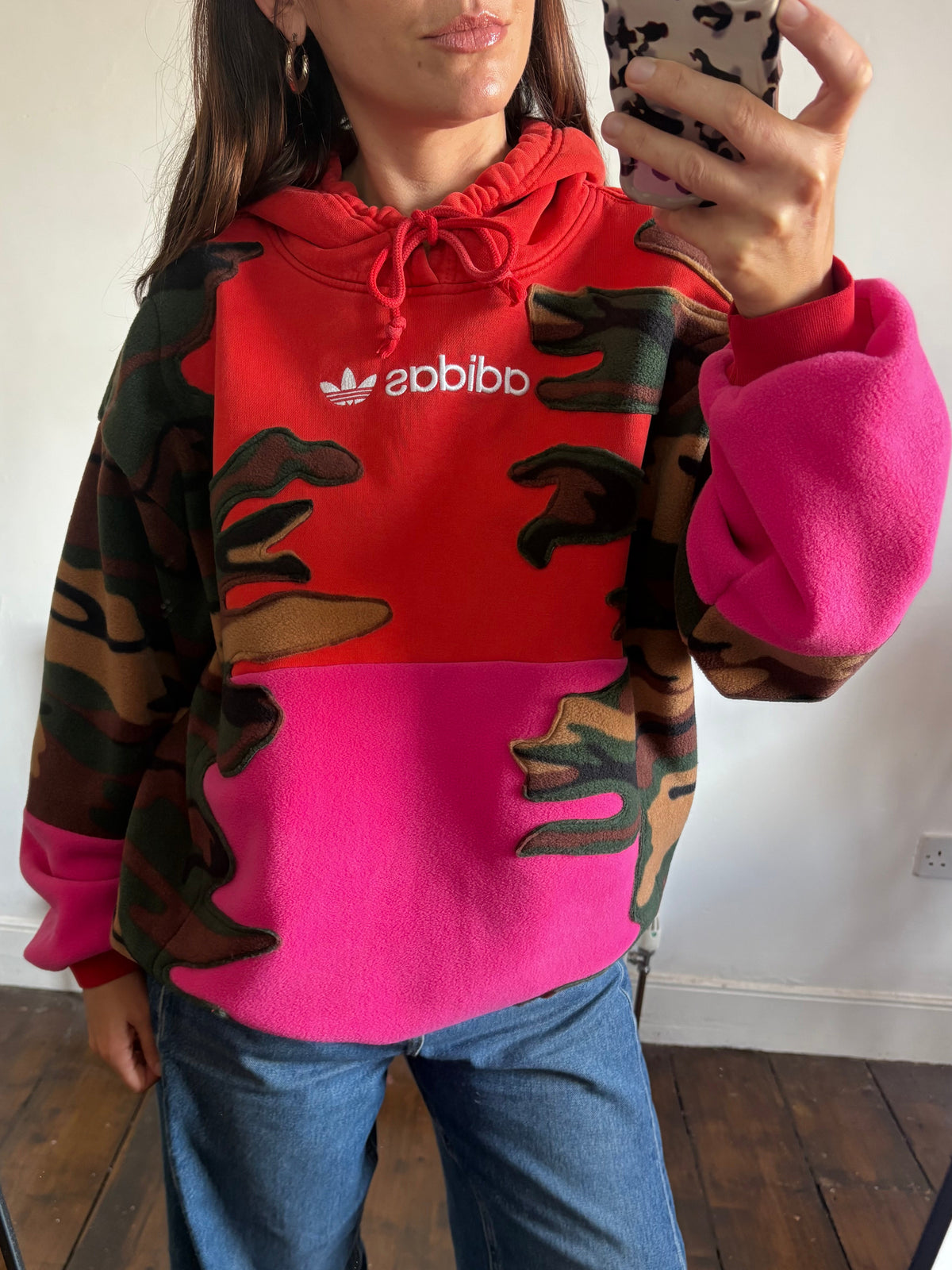 Y2K red adidas camouflage and pink patchwork fleece hoodie sweatshirt.