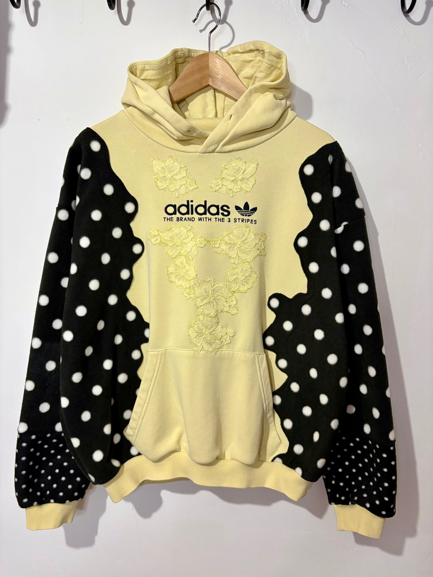 Y2K butter yellow adidas lace and polka dot patchwork hoodie sweatshirt.