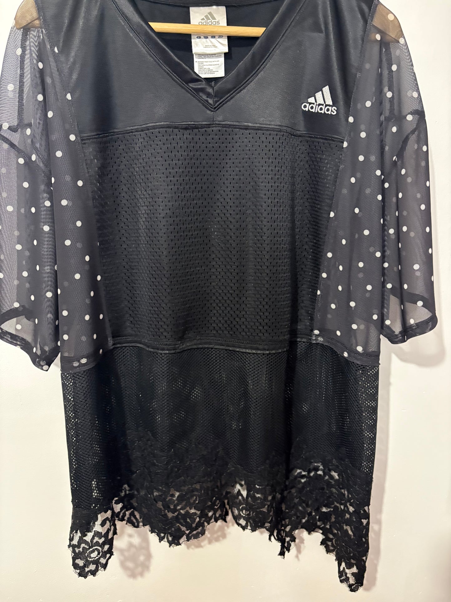 Vintage Y2K adidas polka dot sheer mesh lace patchwork tshirt