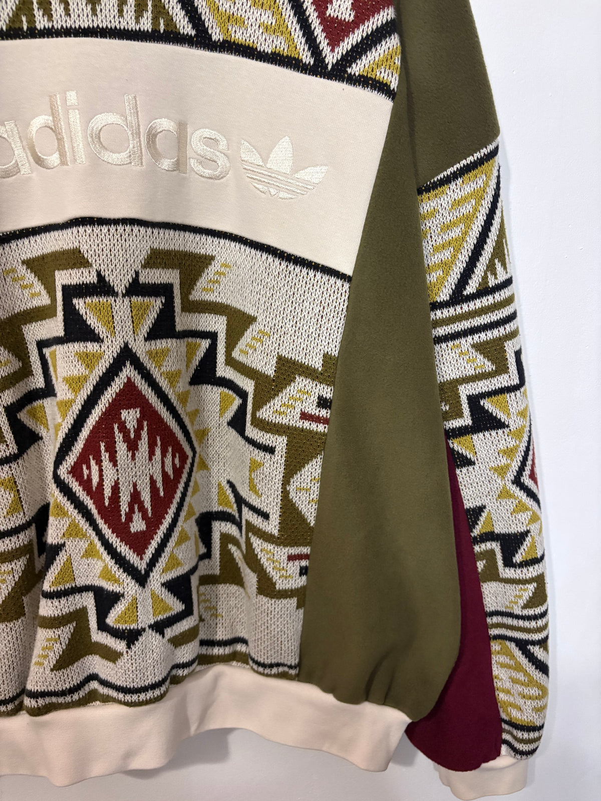 Vintage cream adidas logo funky pattern knit patchwork burgundy, khaki fleece sweatshirt.