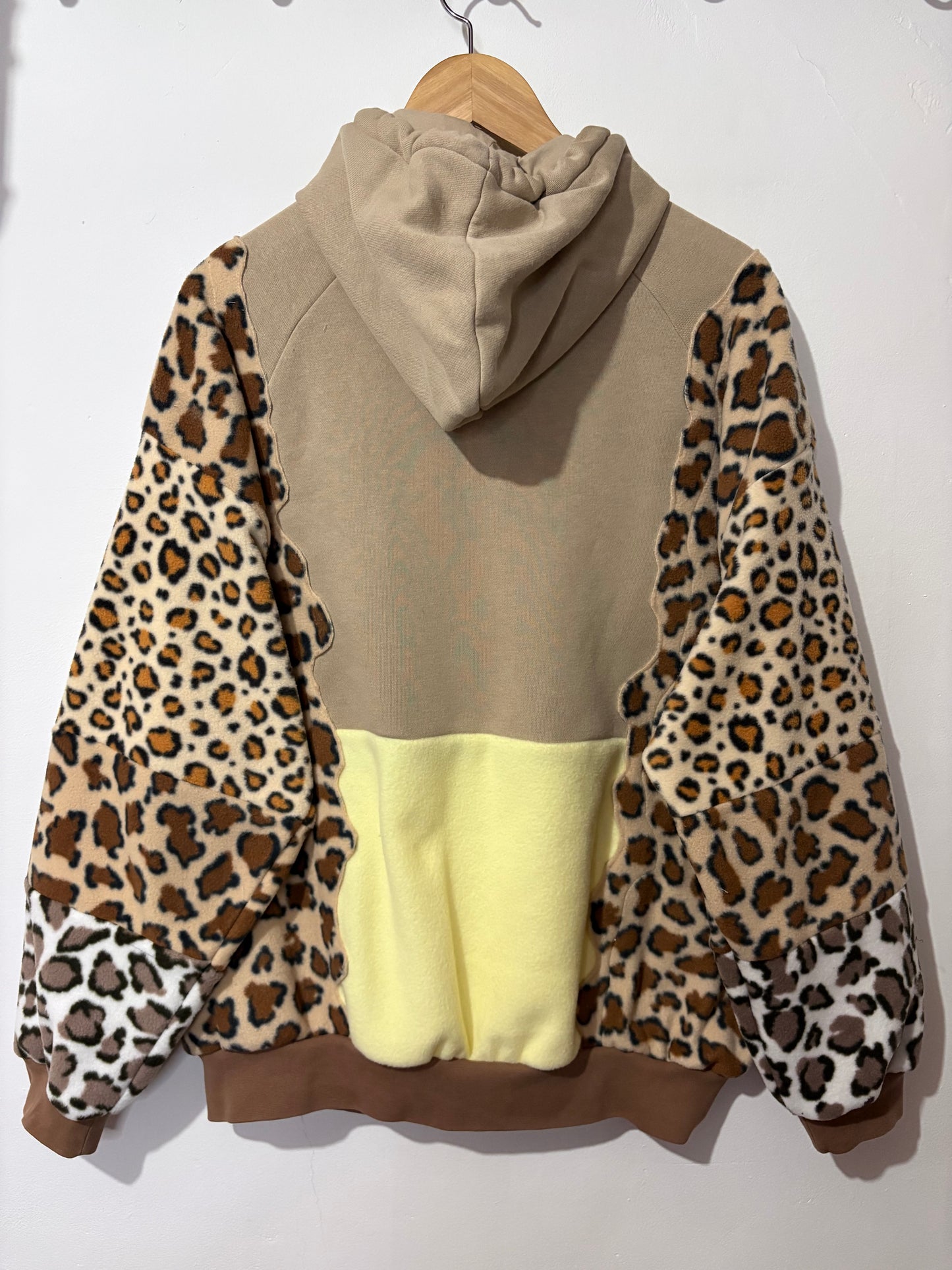 Y2K beige adidas leopard animal print, butter yellow patchwork fleece hoodie sweatshirt