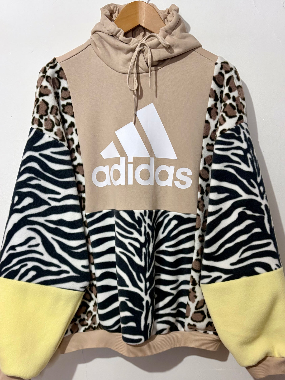 Y2K cream adidas zebra, leopard and butter yellow fleece patchwork hoodie sweatshirt.