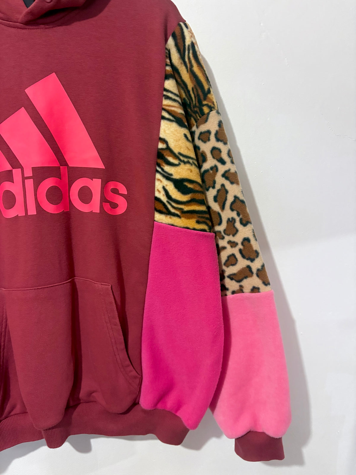 Y2K rust adidas tiger, leopard print and pink fleece patchwork hoodie sweatshirt.