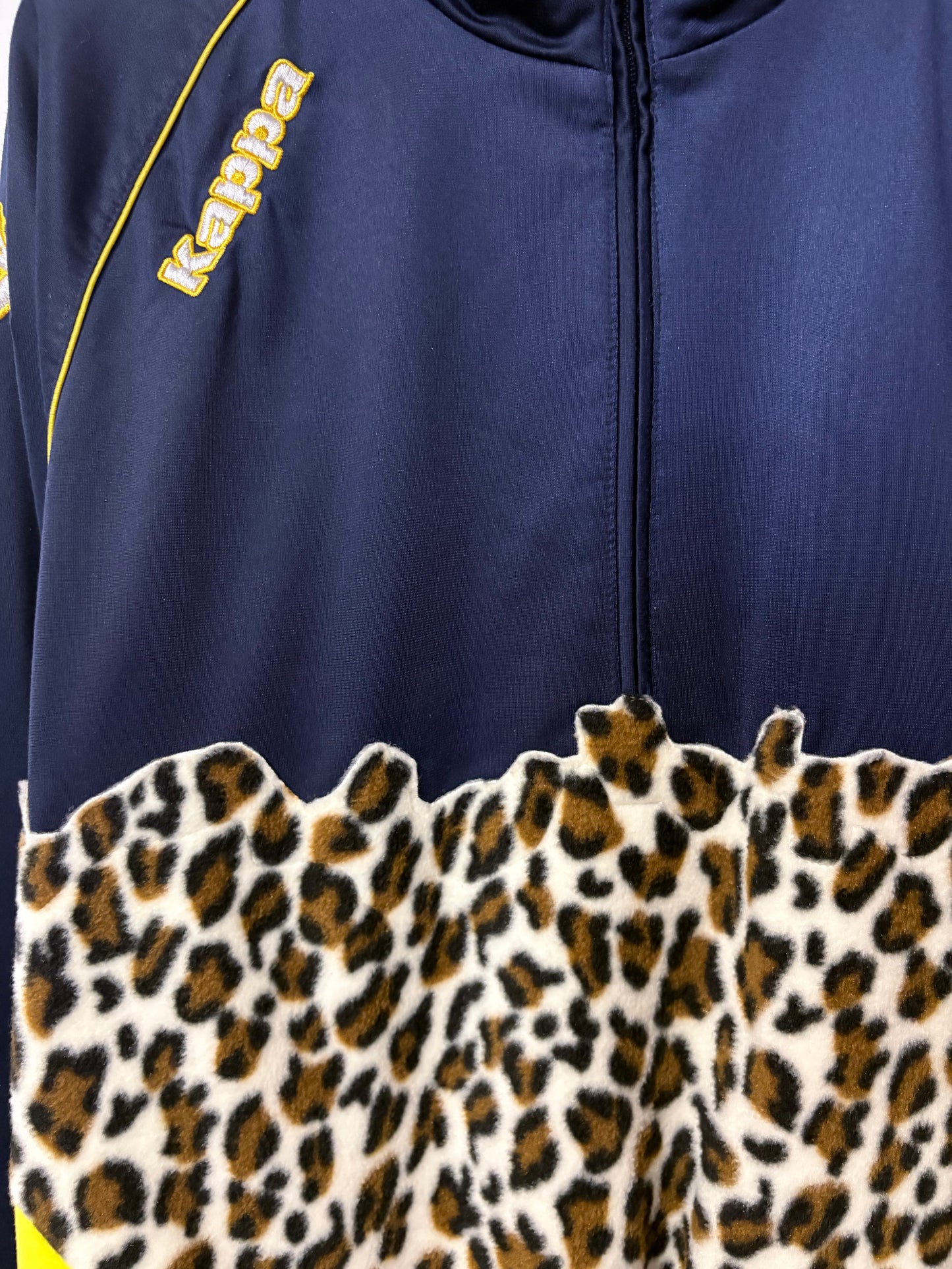 Vintage Y2K Kappa leopard print yellow patchwork fleece 1/4 zip track jacket sweatshirt.