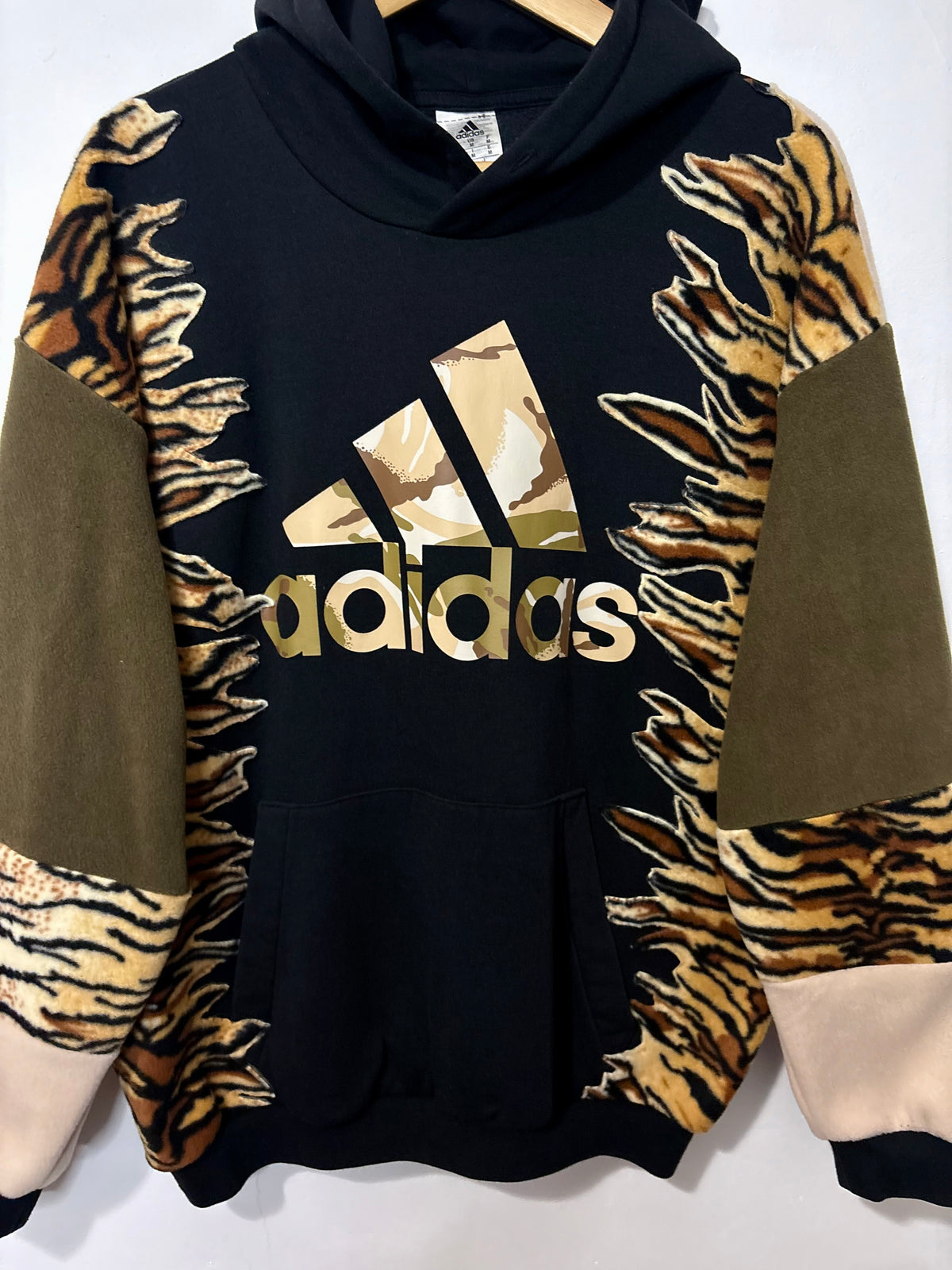 Y2K black adidas camouflage logo tiger stripe, khaki and beige fleece patchwork hoodie sweatshirt.