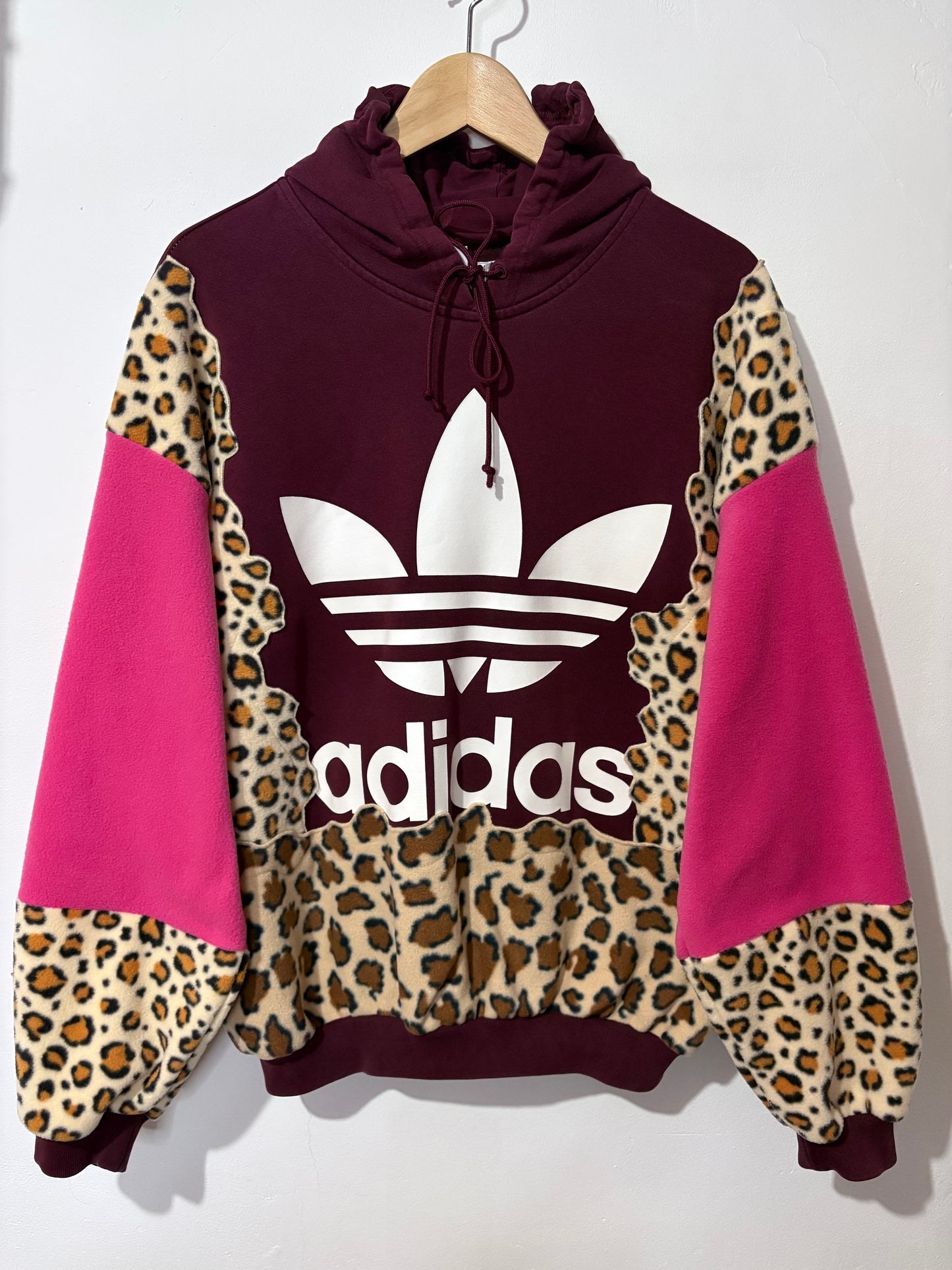 Y2K burgundy adidas leopard animal print, pink patchwork fleece hoodie sweatshirt