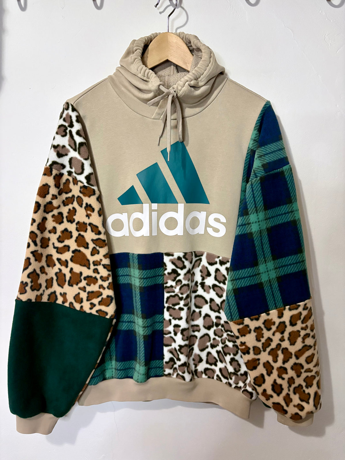 Y2K beige adidas logo clashing checked tartan and leopard print patchwork hoodie sweatshirt.