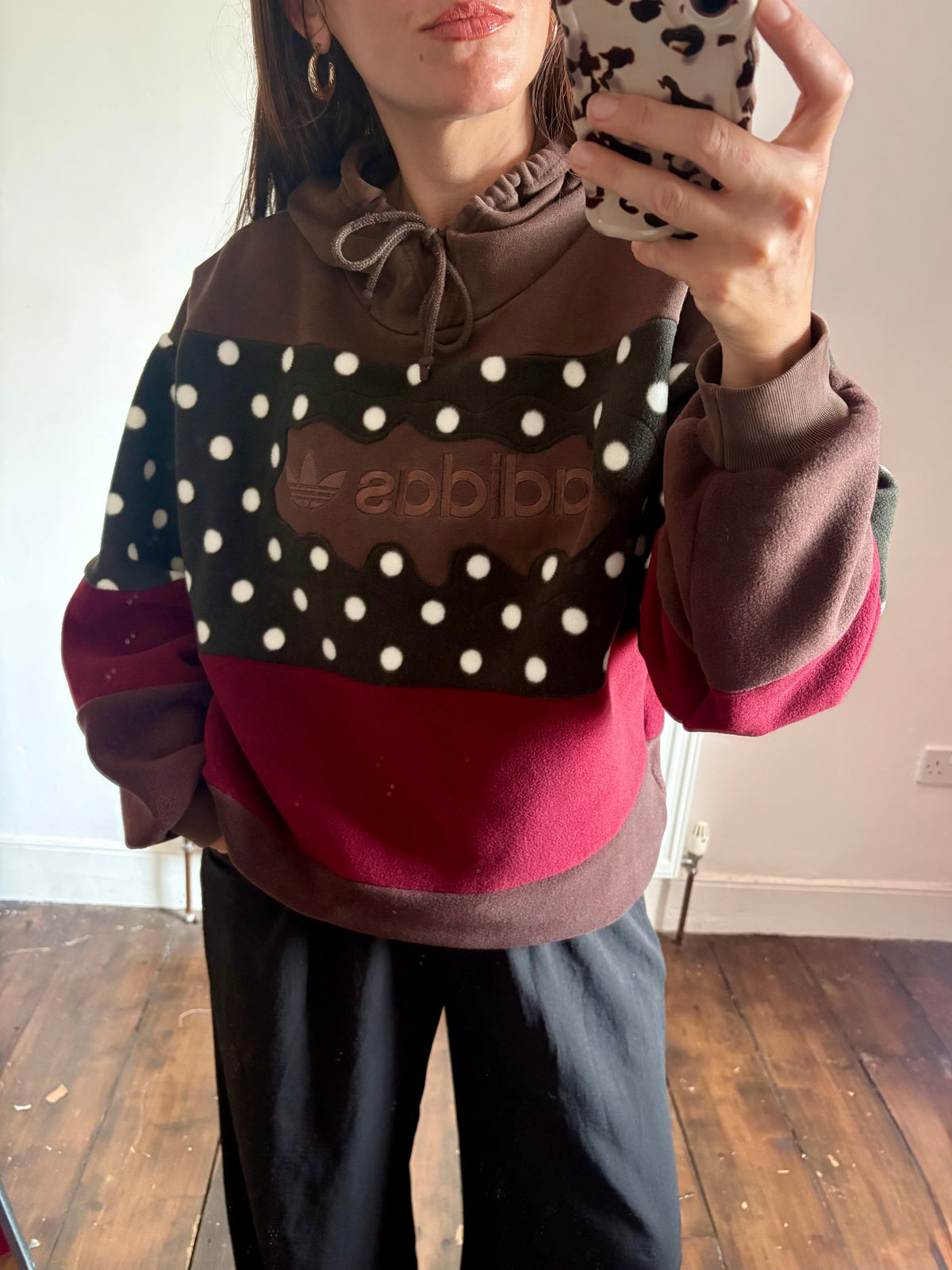 Y2K brown adidas logo polka dot and burgundy fleece stripe patchwork hoodie sweatshirt.