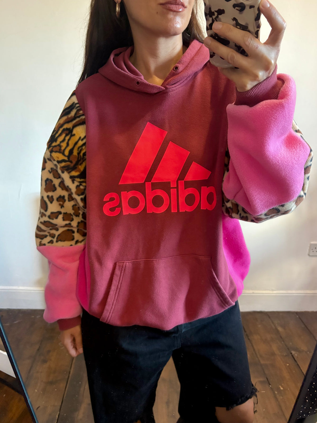 Y2K rust adidas tiger, leopard print and pink fleece patchwork hoodie sweatshirt.