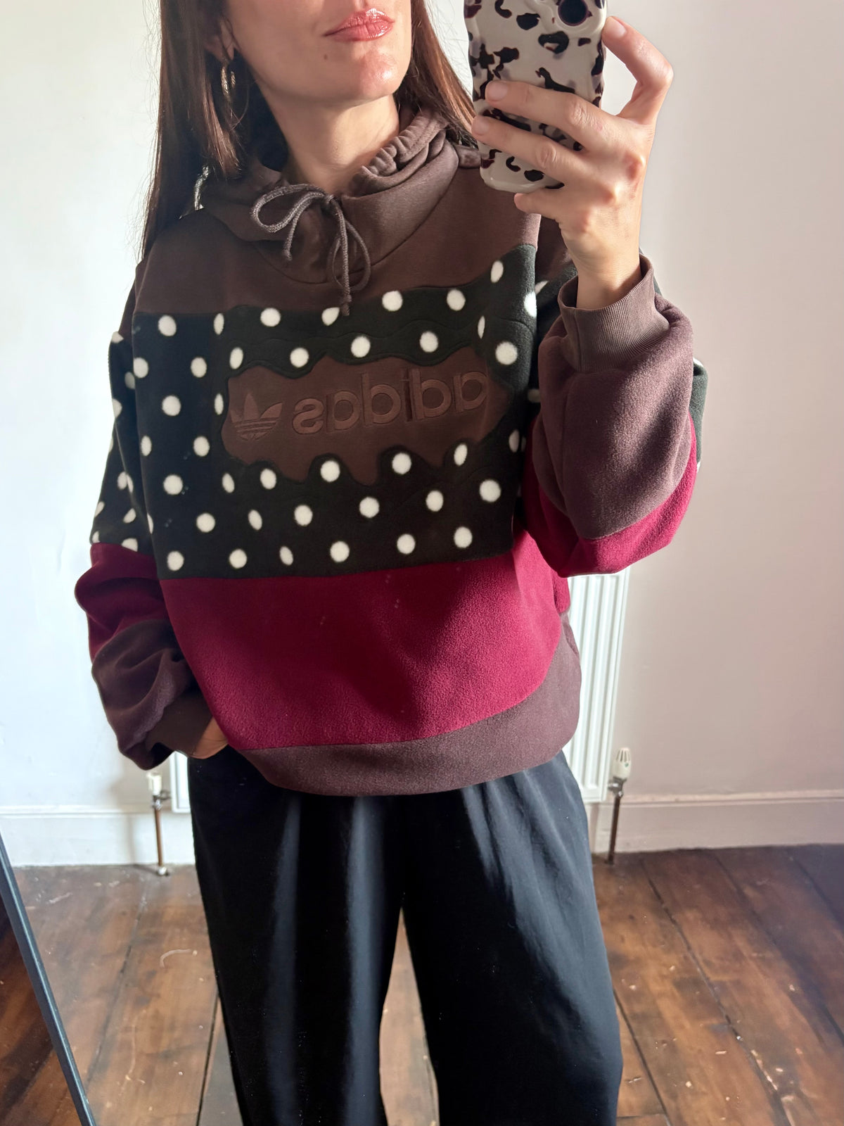Y2K brown adidas logo polka dot and burgundy fleece stripe patchwork hoodie sweatshirt.