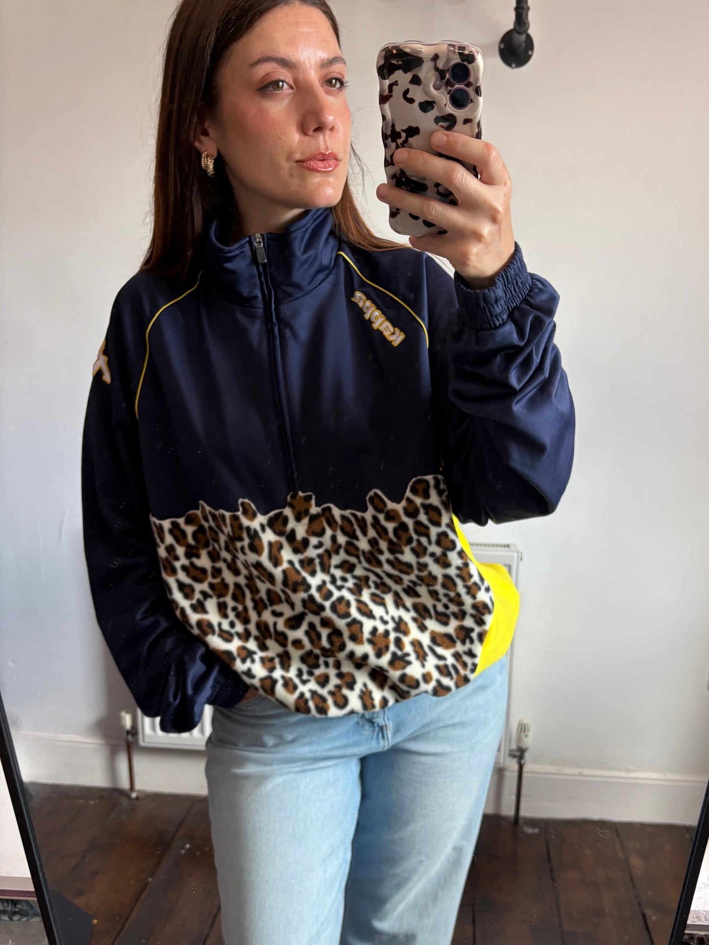 Vintage Y2K Kappa leopard print yellow patchwork fleece 1/4 zip track jacket sweatshirt.