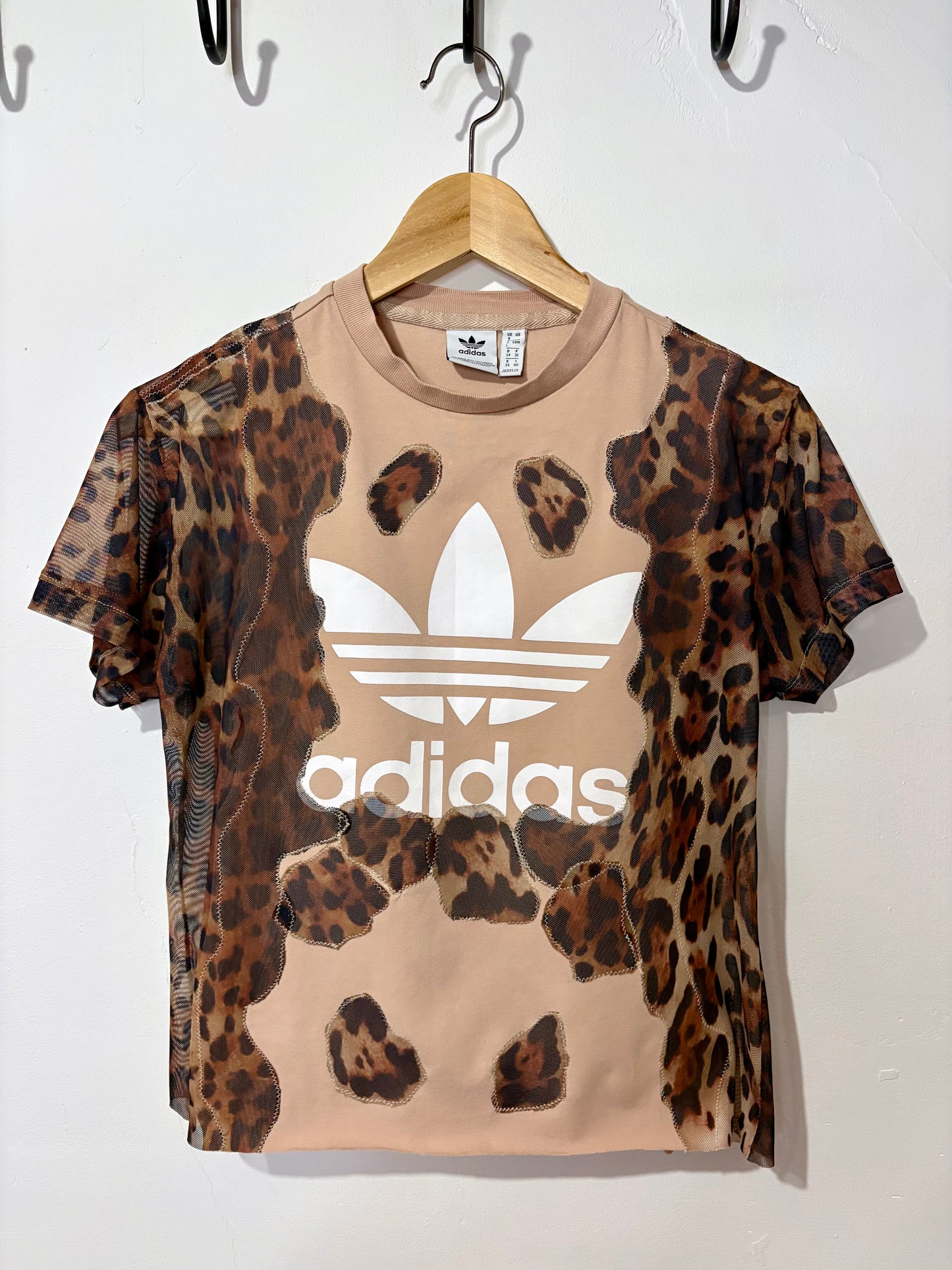 Vintage Y2K adidas leopard print sheer mesh wavy patchwork baby tee tshirt.