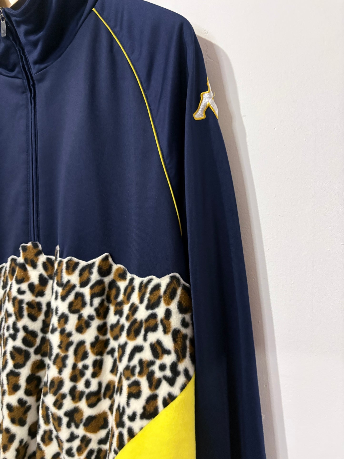 Vintage Y2K Kappa leopard print yellow patchwork fleece 1/4 zip track jacket sweatshirt.