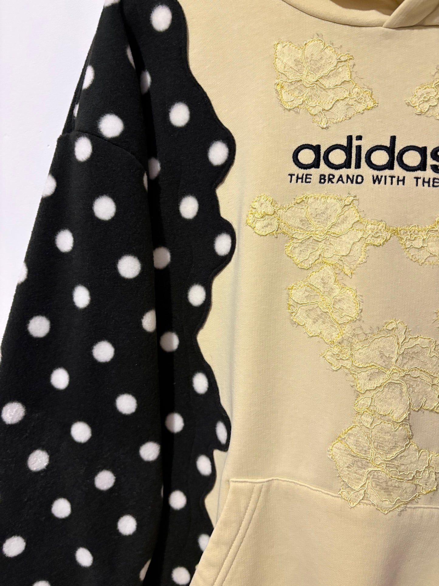 Y2K butter yellow adidas lace and polka dot patchwork hoodie sweatshirt.