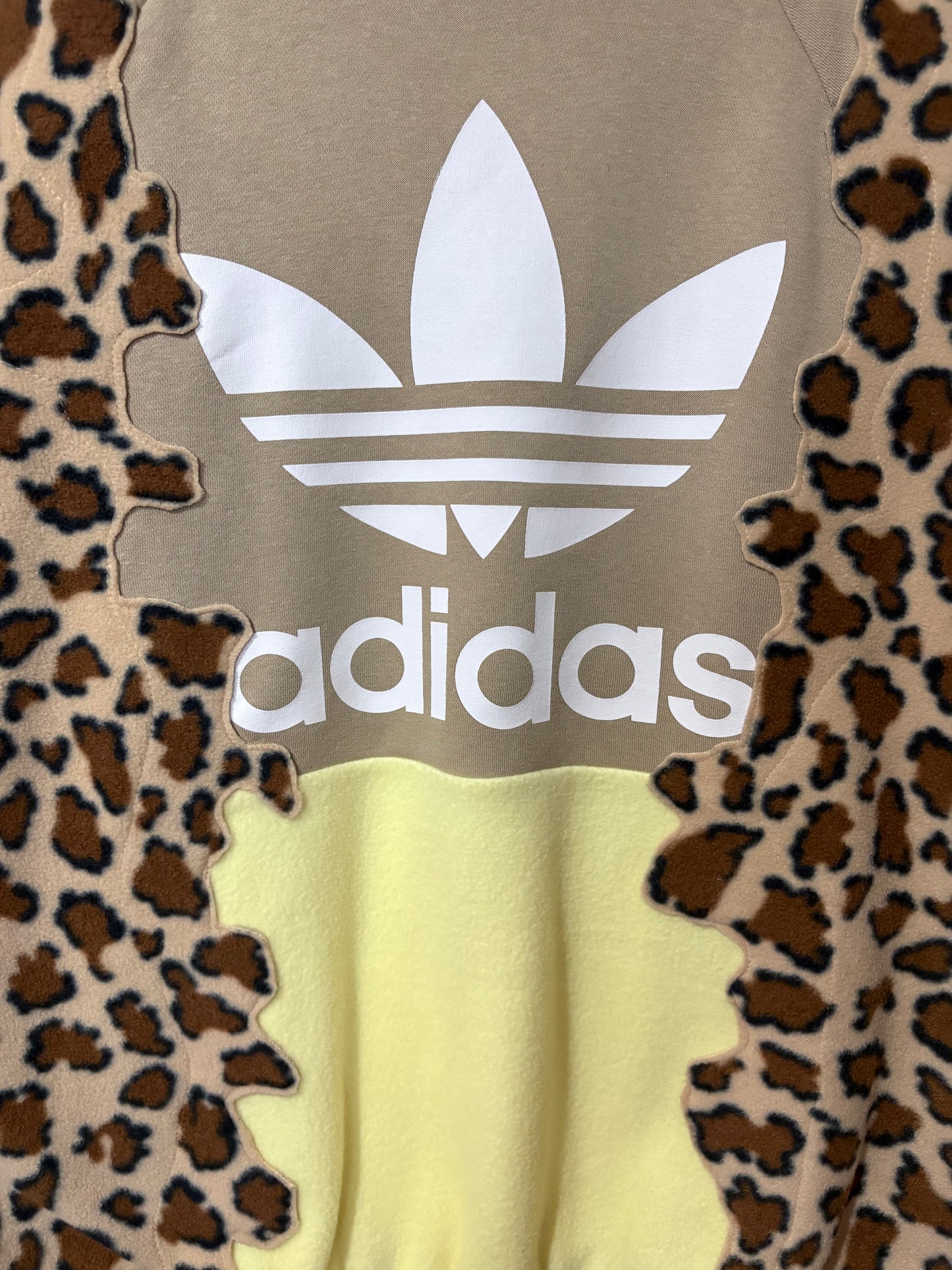 Y2K beige adidas leopard animal print, butter yellow patchwork fleece hoodie sweatshirt