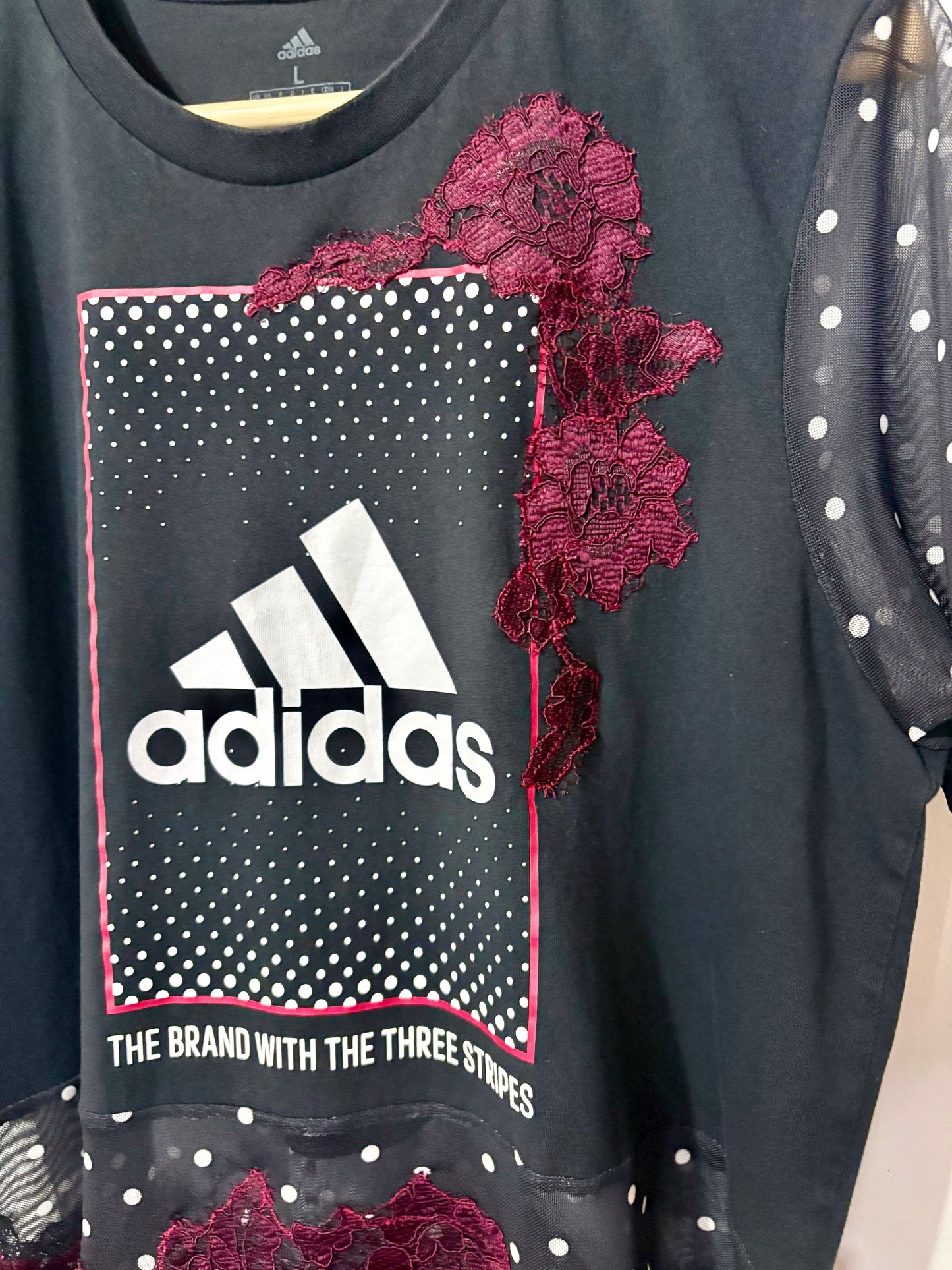 Vintage Y2K adidas polka dot sheer mesh burgundy lace patchwork tshirt