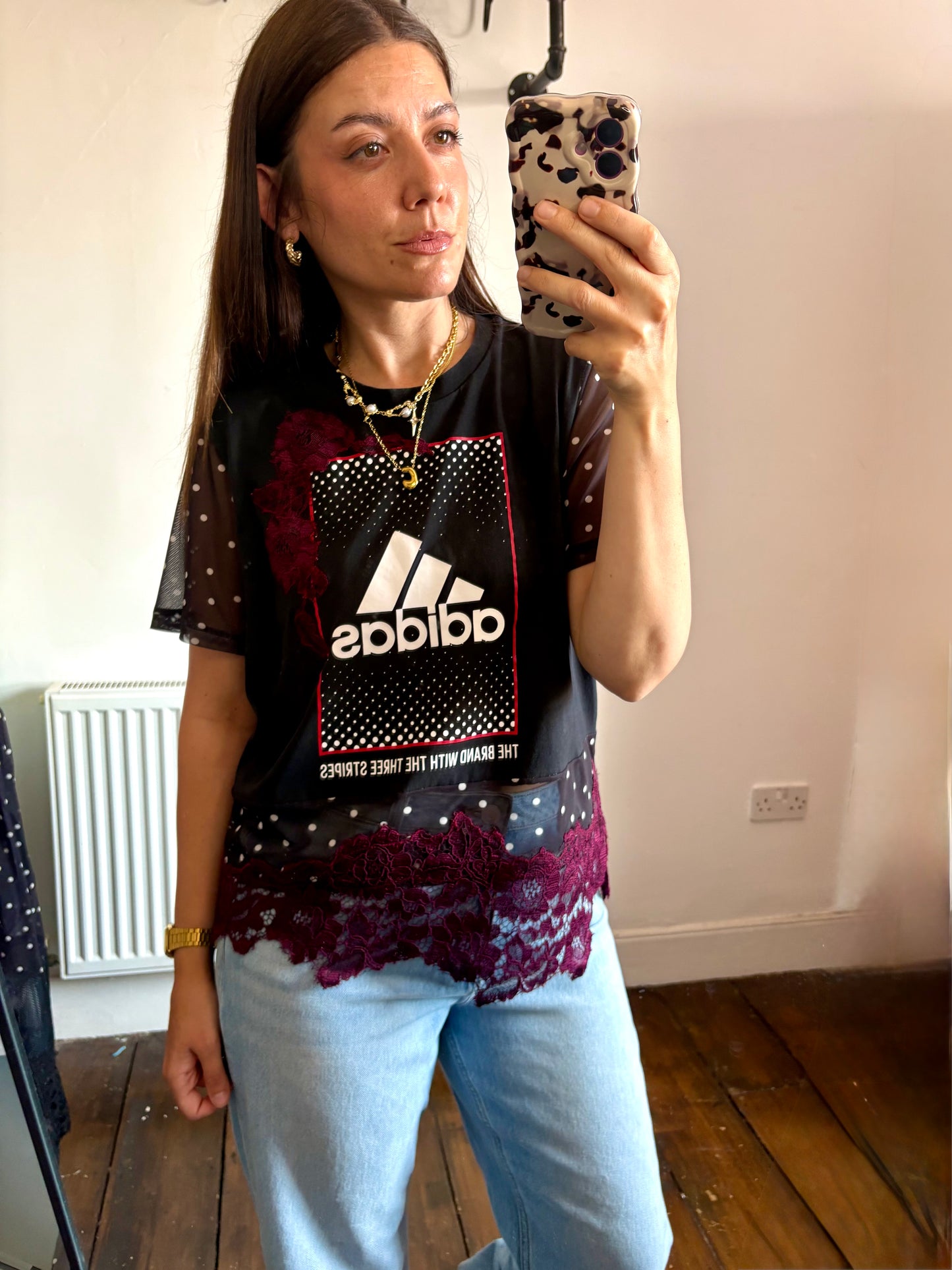 Vintage Y2K adidas polka dot sheer mesh burgundy lace patchwork tshirt