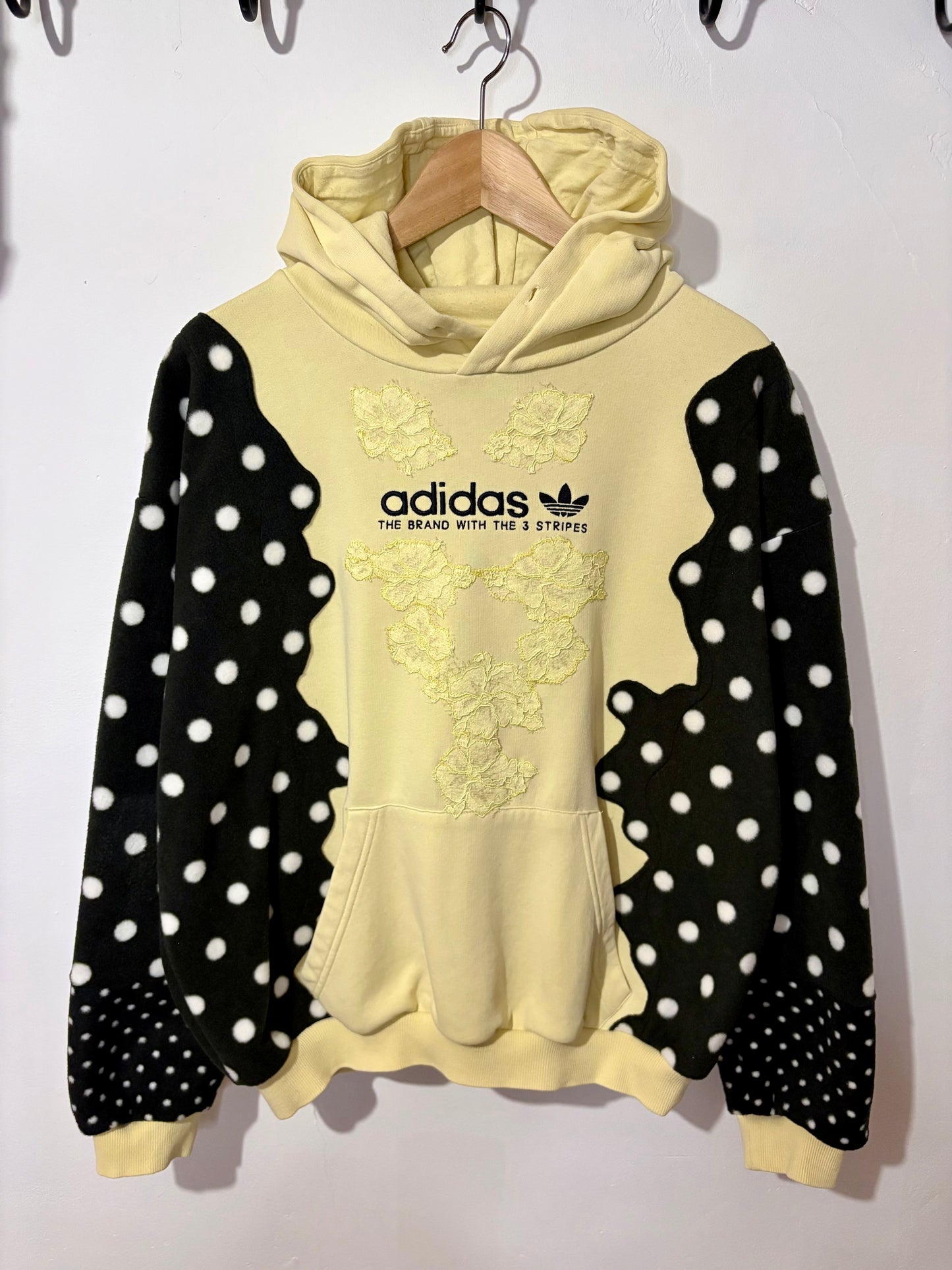 Y2K butter yellow adidas lace and polka dot patchwork hoodie sweatshirt.